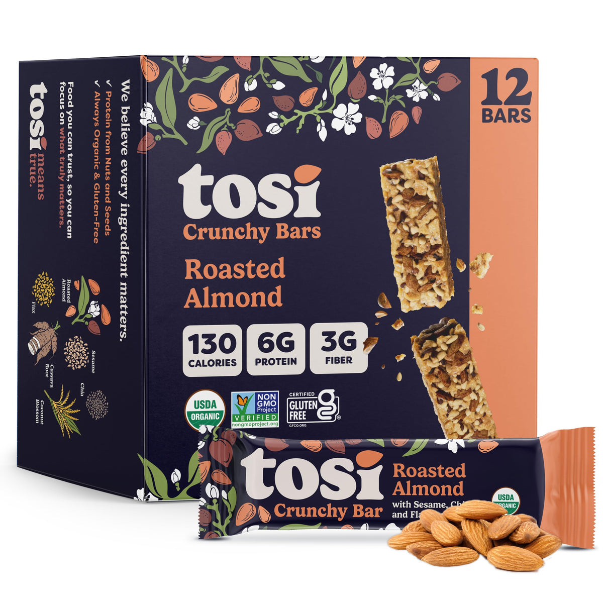 Tosi Almond Nut Bars packaging highlights clean ingredients for on-the-go snacking.