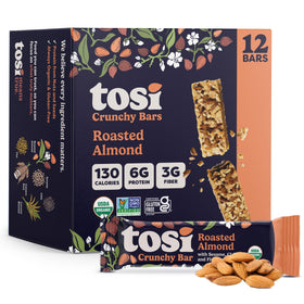 Tosi Almond Nut Bars packaging highlights clean ingredients for on-the-go snacking.