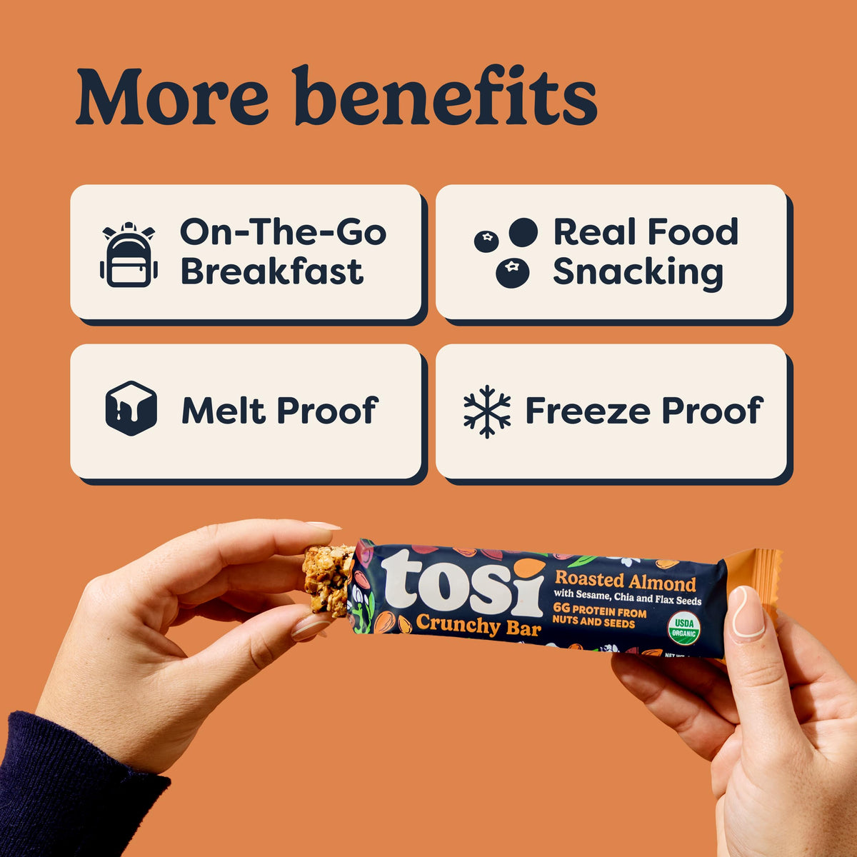 Tosi Almond Nut Bars travel-friendly wrapper ideal for backpacks and purses.