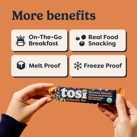 Tosi Almond Nut Bars travel-friendly wrapper ideal for backpacks and purses.