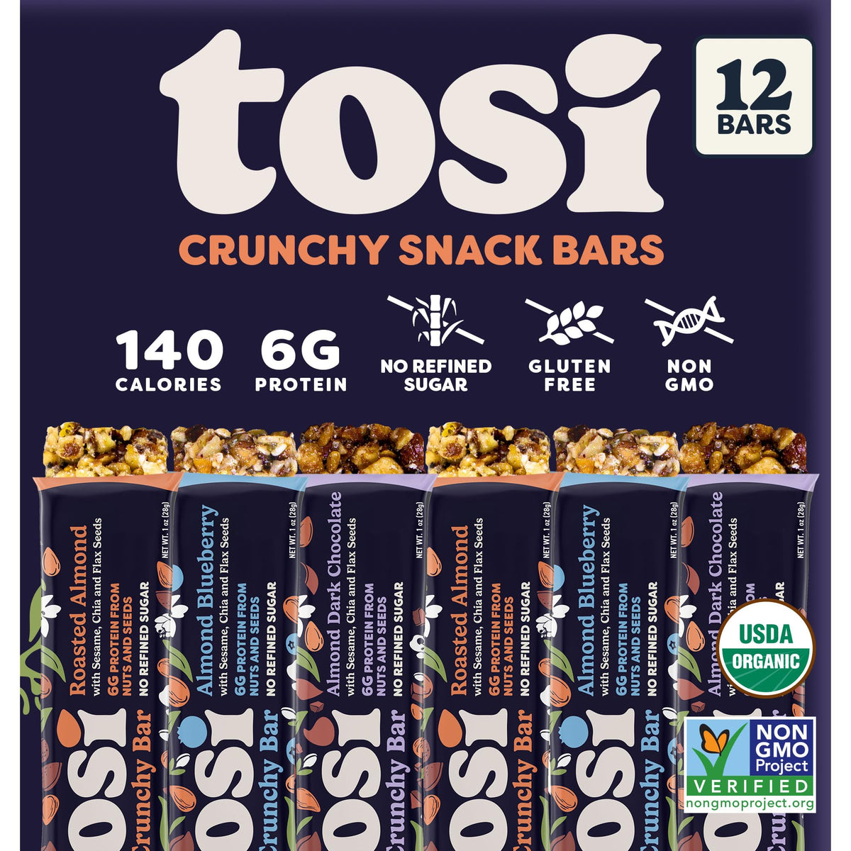 Tosi Almond Variety Pack bar closeup showing crunchy texture and vegan organic ingredients