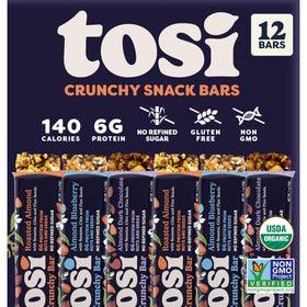 Tosi Almond Variety Pack bar closeup showing crunchy texture and vegan organic ingredients