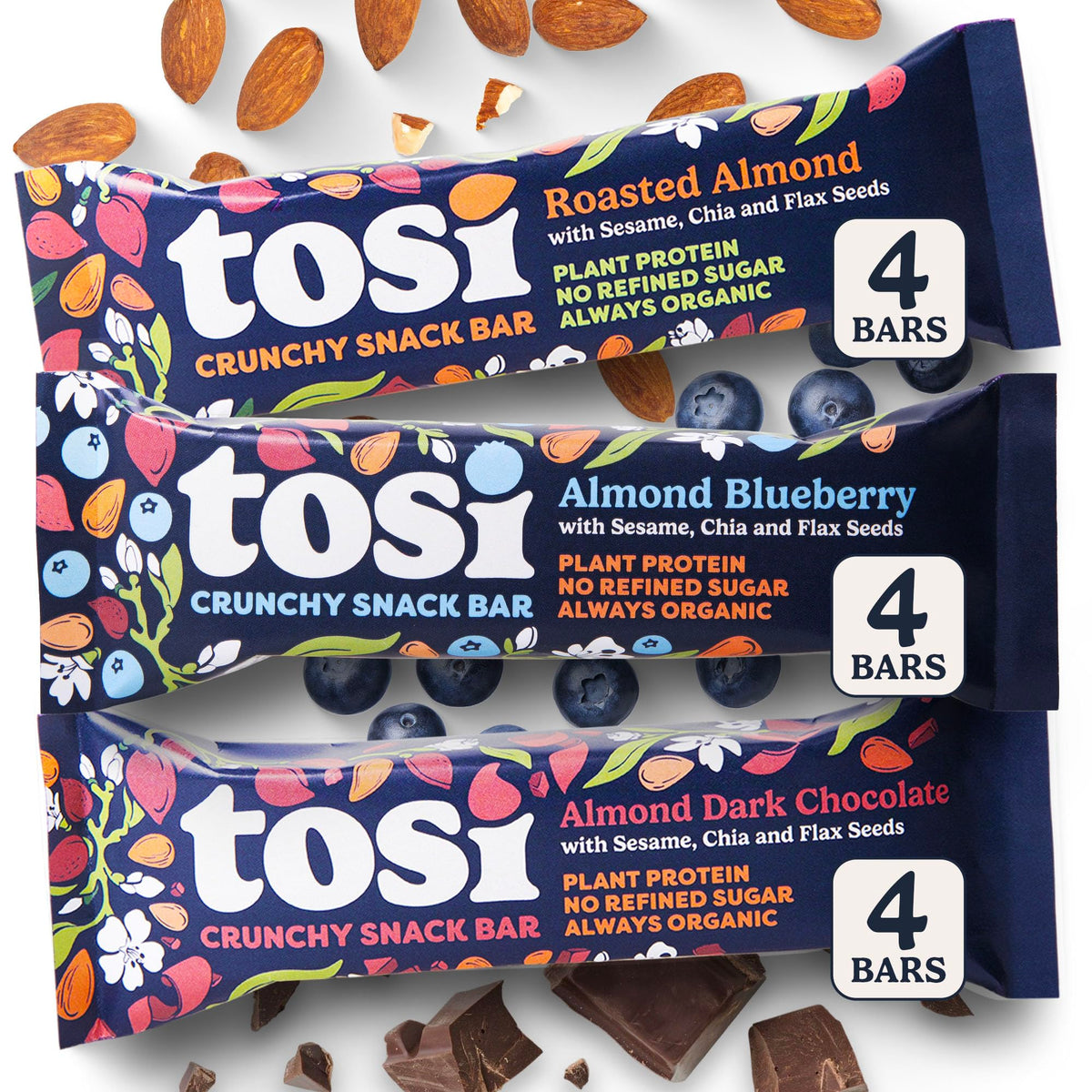 Tosi Almond Variety Pack on-the-go bar, portable snack for hikes or workouts
