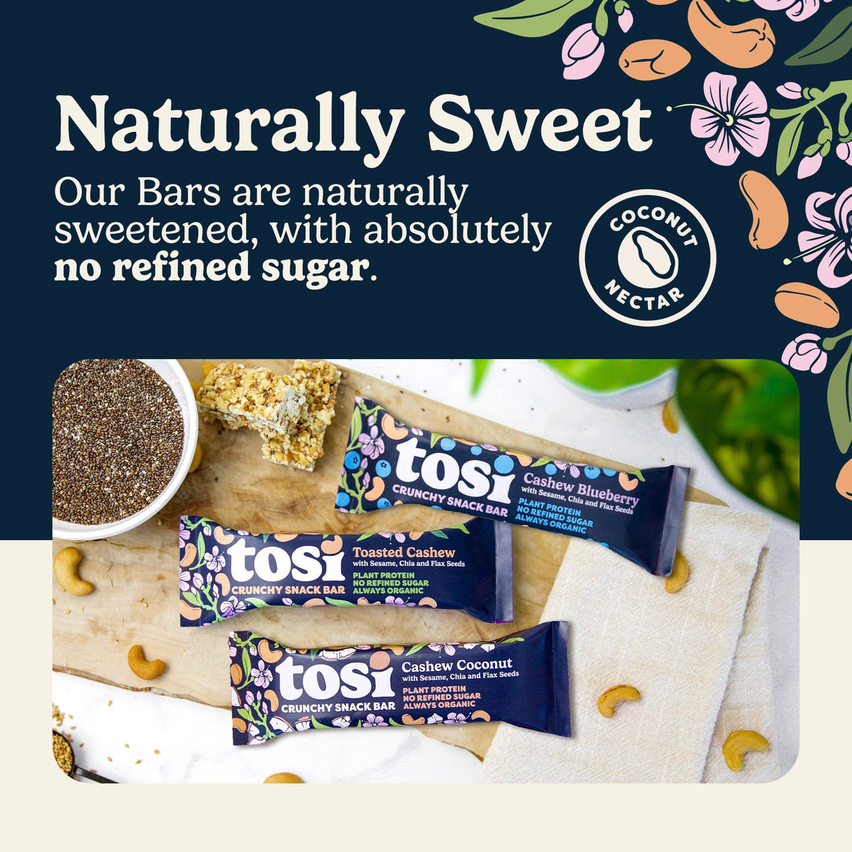 Tosi Cashew Variety Pack 12-pack box on shelf, ideal for bulk orders