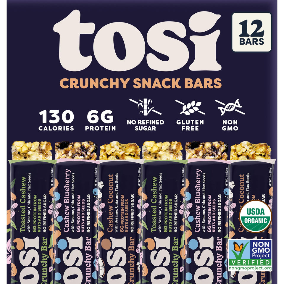 Tosi Cashew Variety Pack bars on display, grab-and-go nutrition for busy days