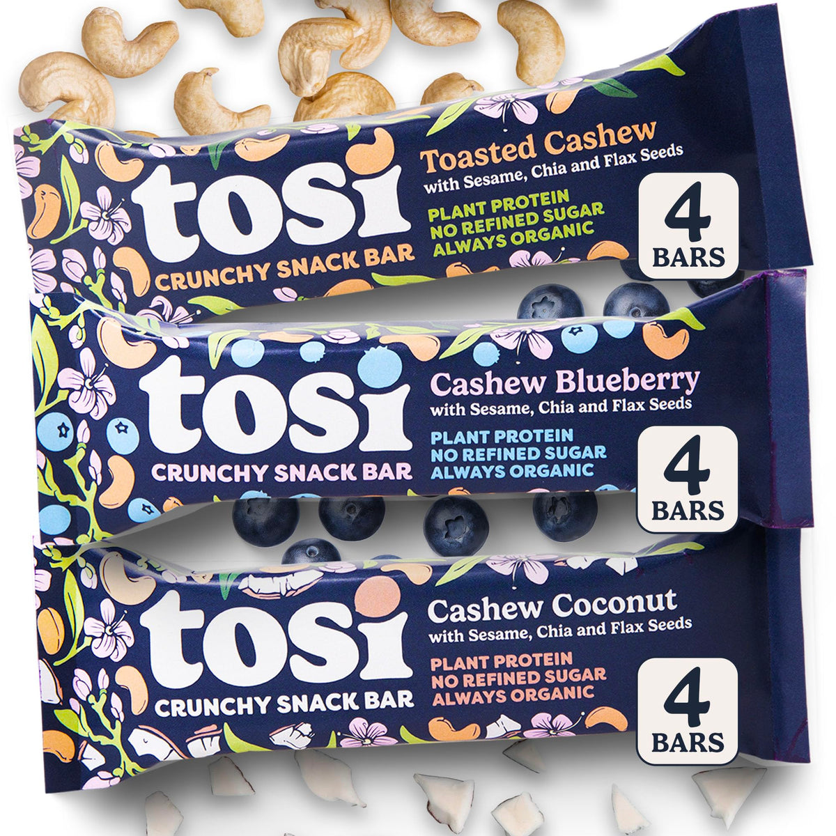 Tosi cashew bars ingredients close-up showing flax and chia for plant-based nourishment