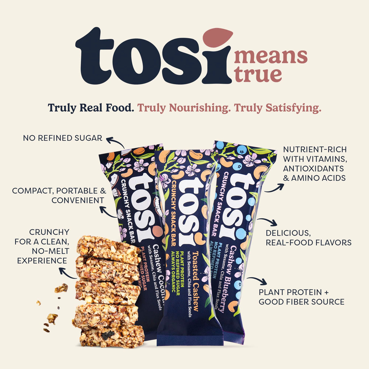 Tosi Cashew Variety Pack single bar being held, portable snack for travel