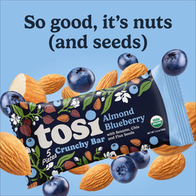 Tosi Meal Nut Bar Almond Blueberry single bite reveals crunchy texture and nutty notes