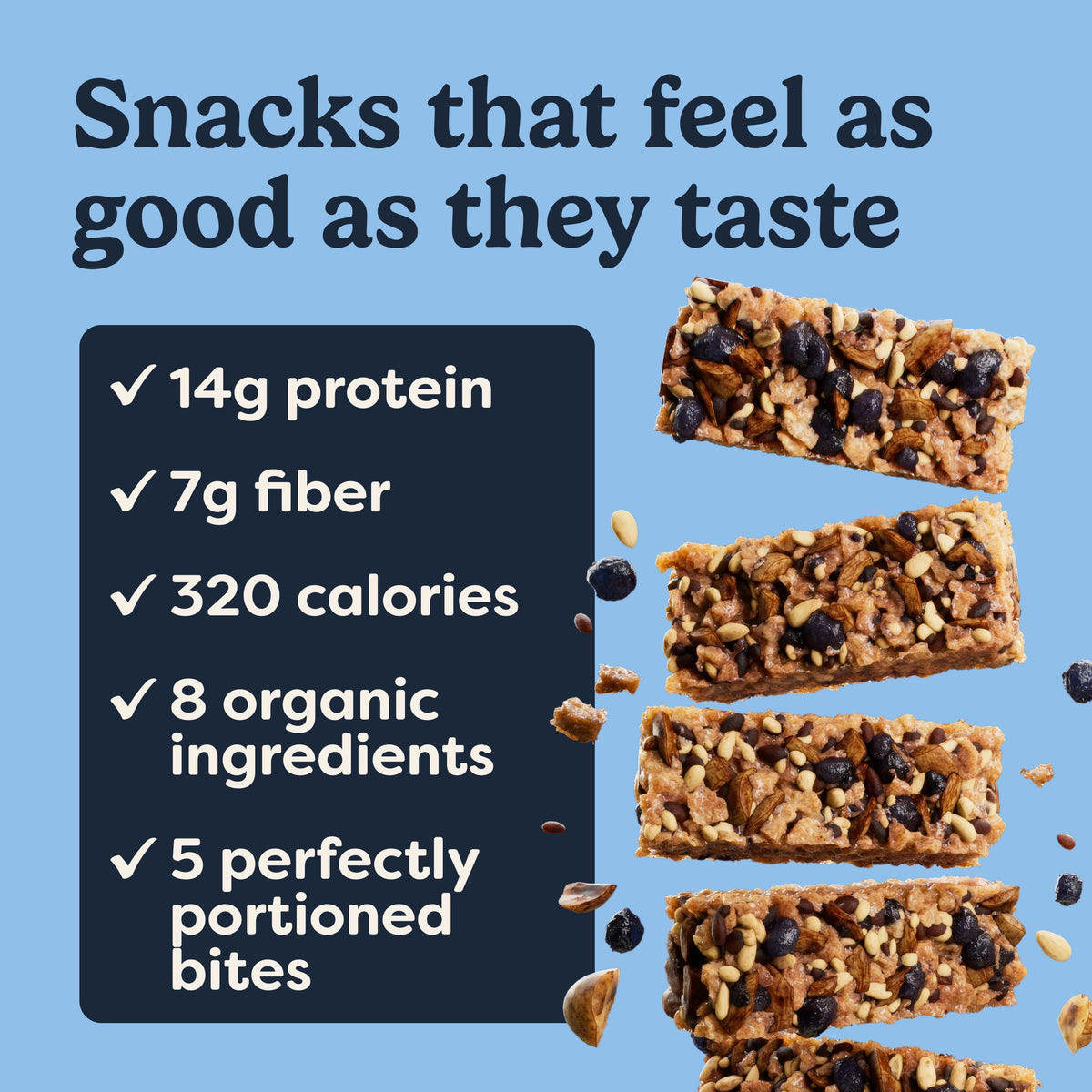 Tosi Meal Nut Bar Almond Blueberry ingredient close-up featuring chia and flax