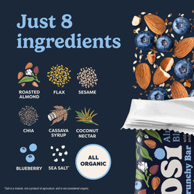Tosi Meal Nut Bar Almond Blueberry nutrition label shows gluten-free and vegan certification