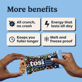 Tosi Meal Nut Bar Almond Blueberry nutrition panel highlights low sugar and healthy fats