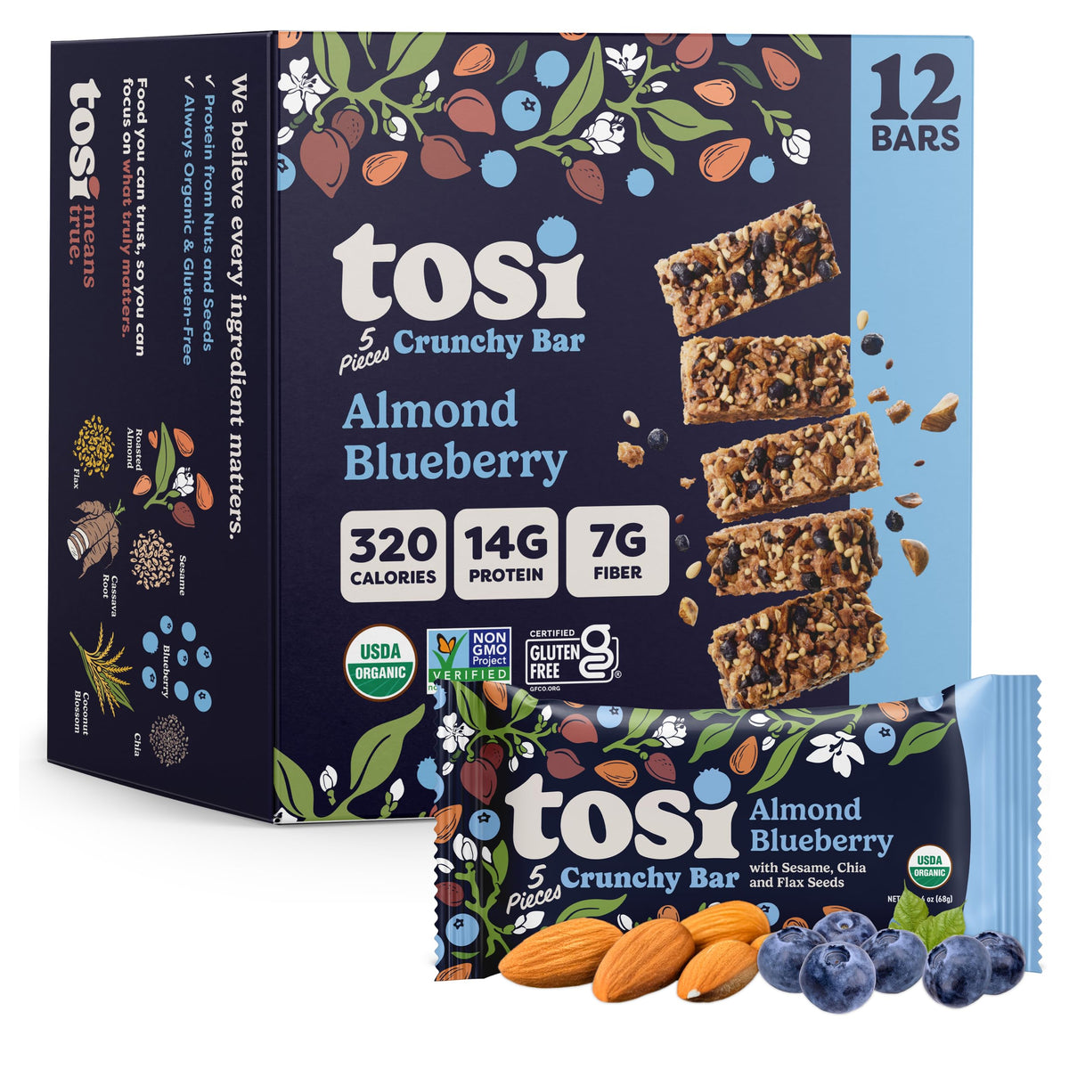 Tosi Meal Nut Bar Almond Blueberry 12-pack box for convenient snacking