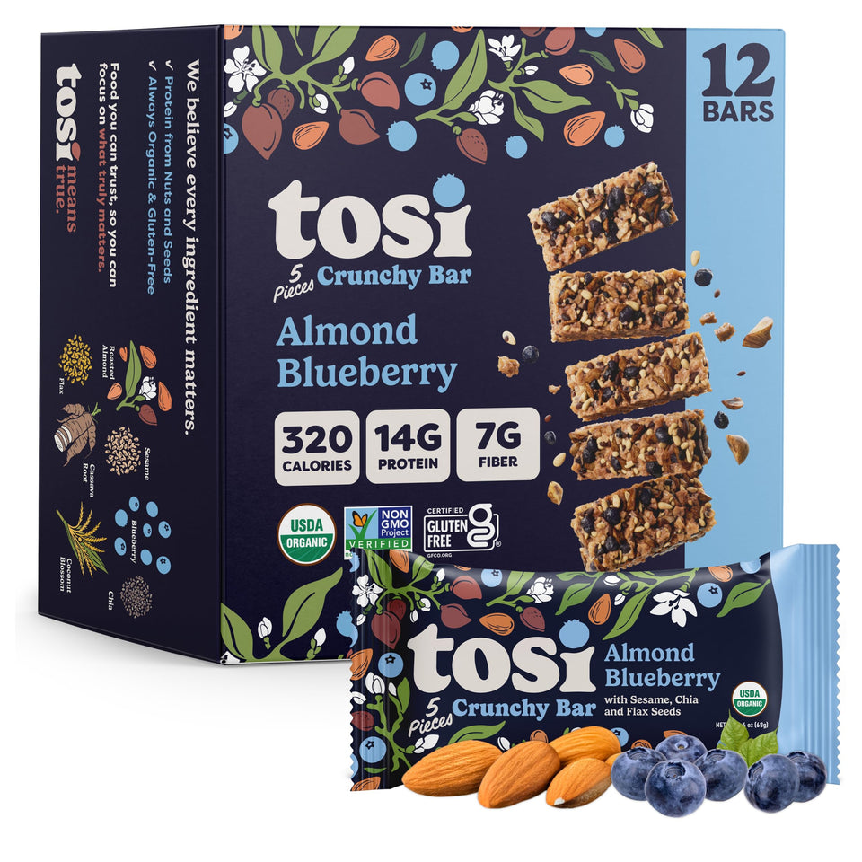 Tosi Meal Nut Bar Almond Blueberry 12-pack box for convenient snacking