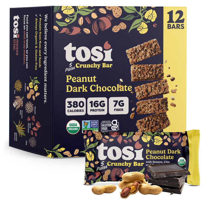 Tosi Meal Nut Bar peanut dark chocolate front view for a satisfying crunch.