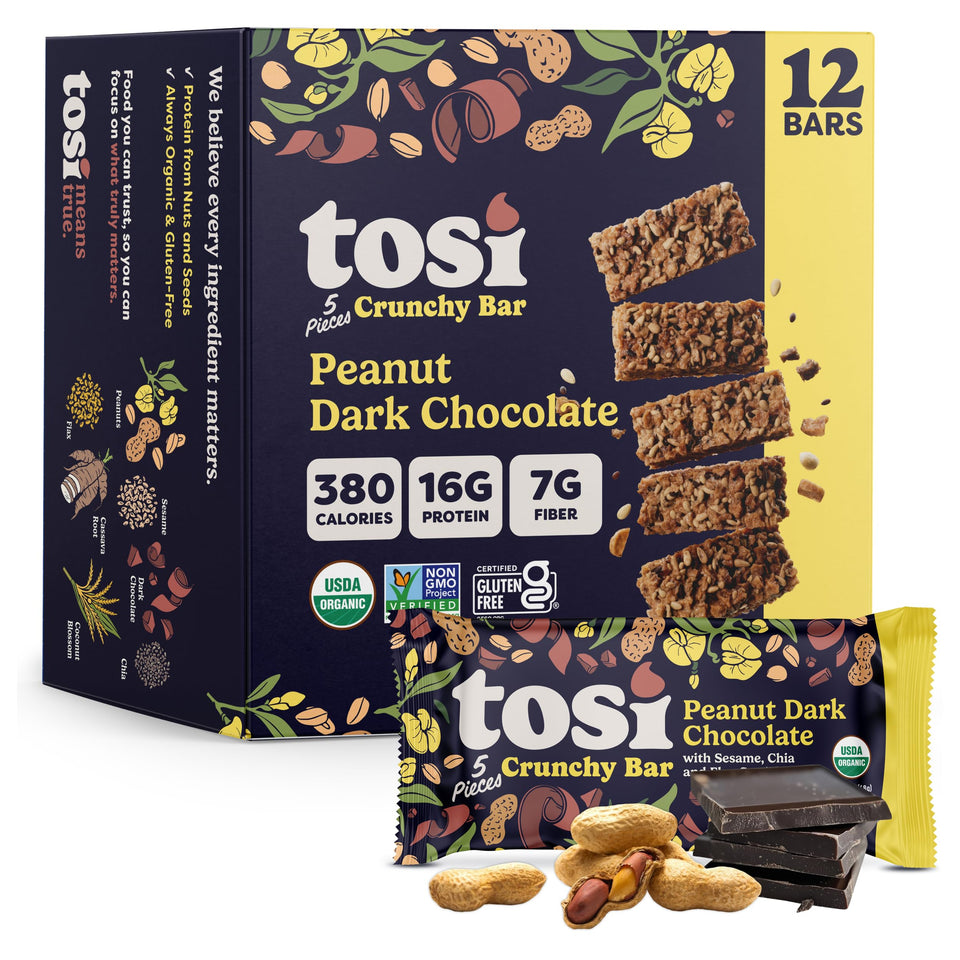 Tosi Meal Nut Bar peanut dark chocolate front view for a satisfying crunch.