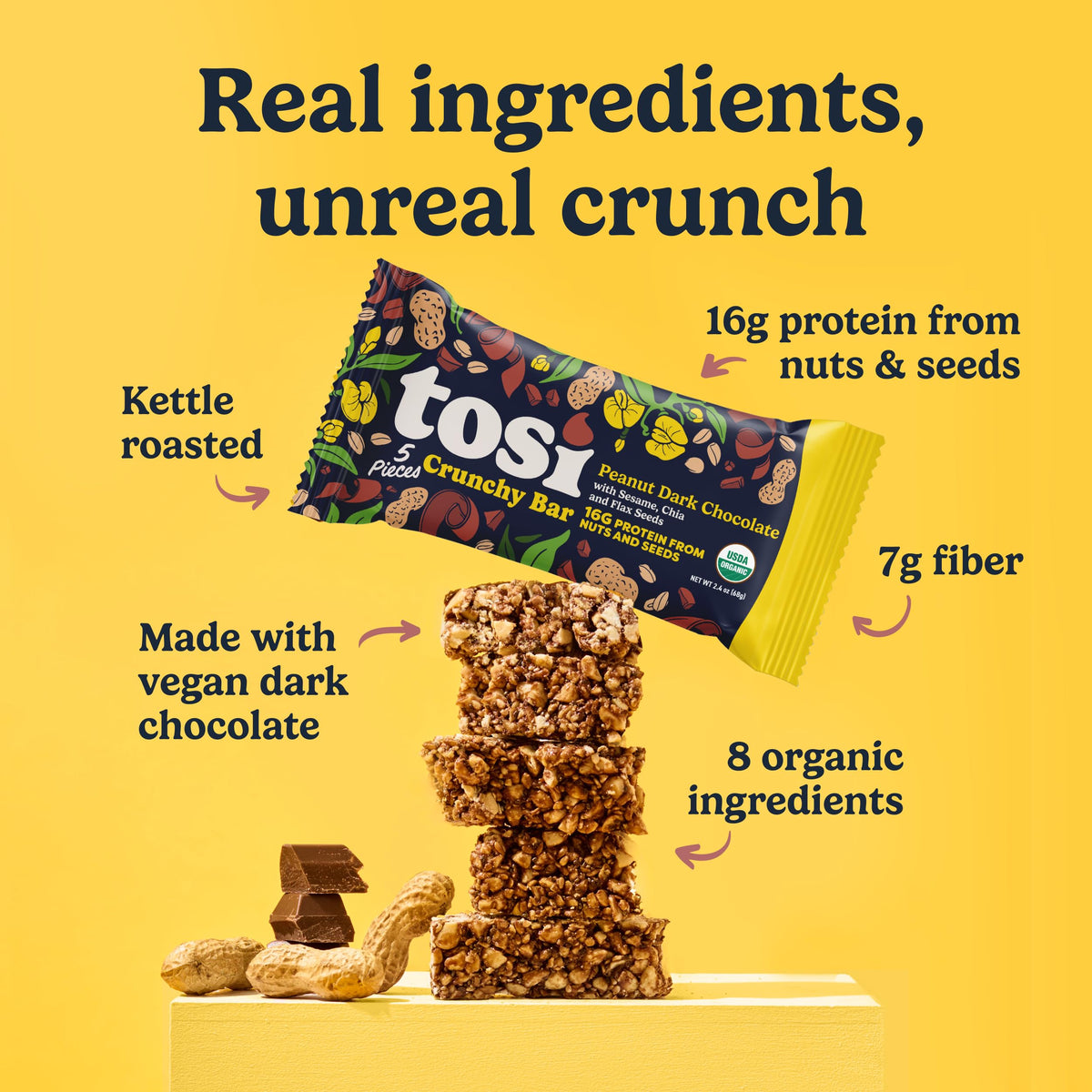 Tosi Meal Nut Bar ingredients panel highlights plant-based protein and organic ingredients.