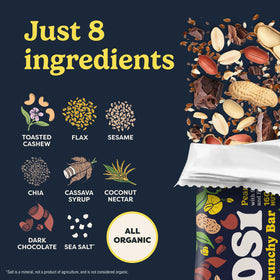 Tosi Meal Nut Bar nutrients panel highlights omega-3s and fiber.