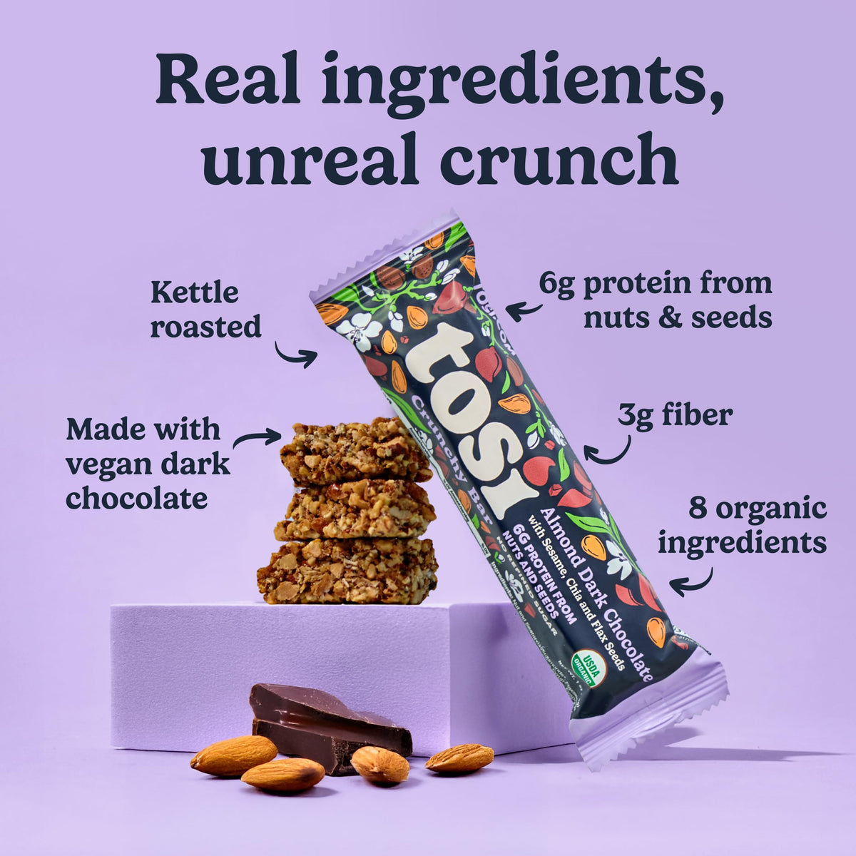 Tosi nut bars close-up shows crunchy texture and 6g protein.