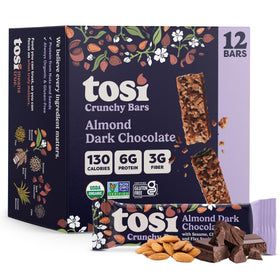 Tosi nut bars almond dark chocolate pack shot, organic vegan snack for on-the-go.