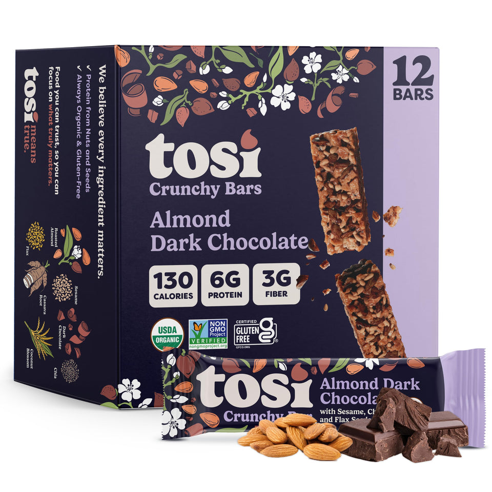 Tosi nut bars almond dark chocolate pack shot, organic vegan snack for on-the-go.
