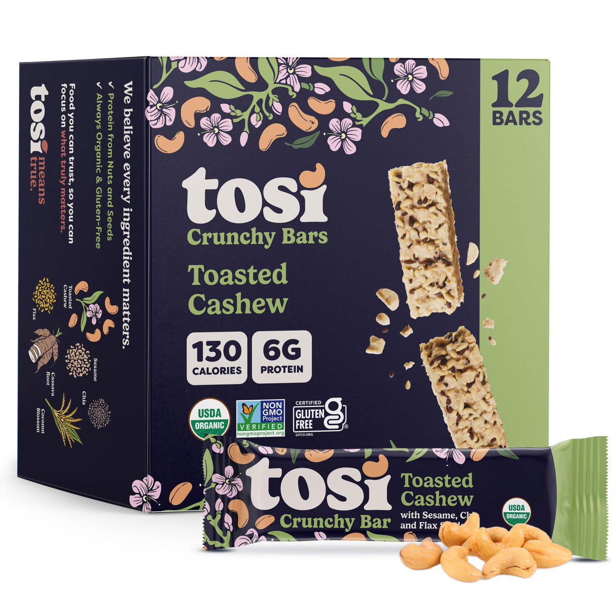 Tosi Nut Bars Cashew front label, organic plant-based energy snack