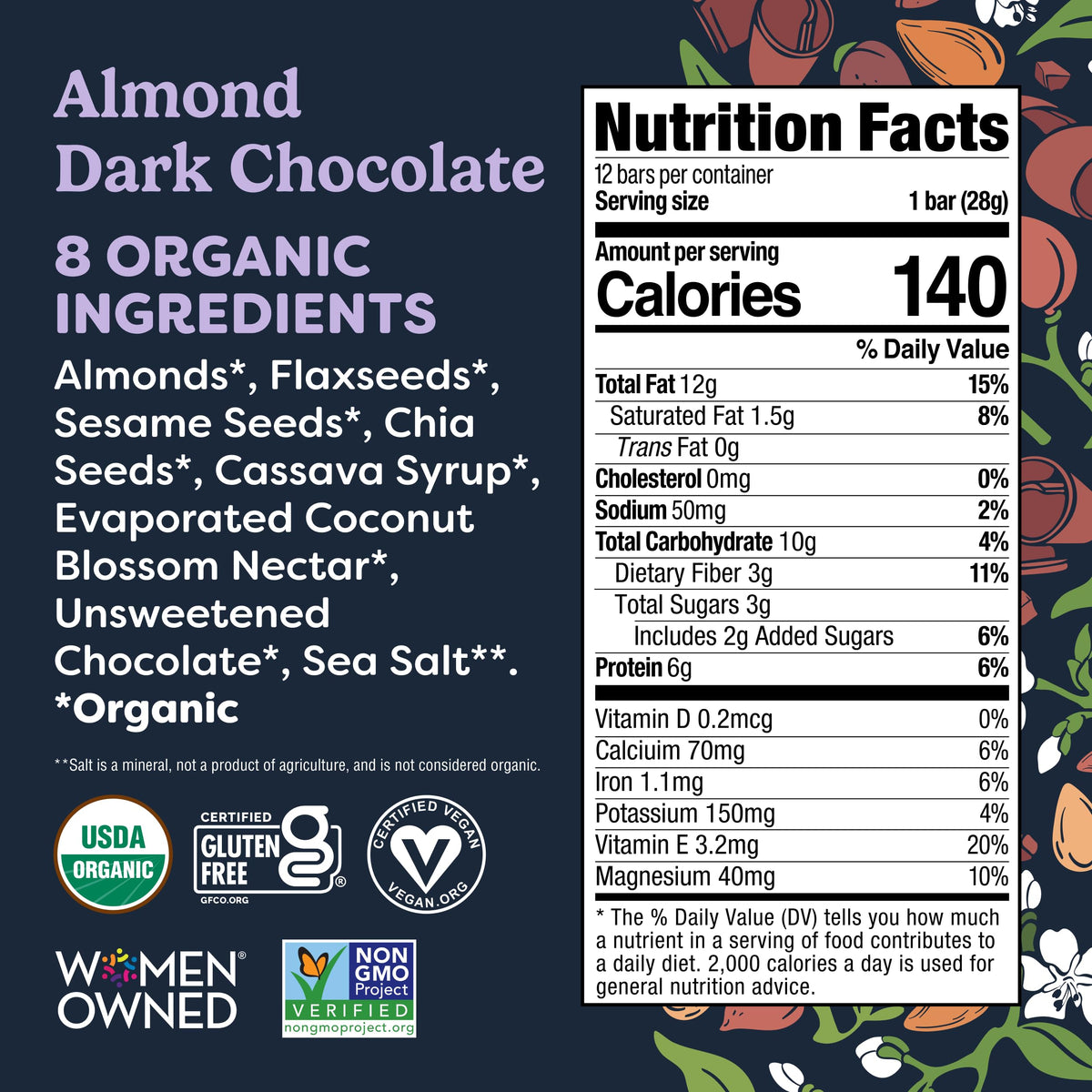 Organic non-GMO label on bar highlights clean ingredients.