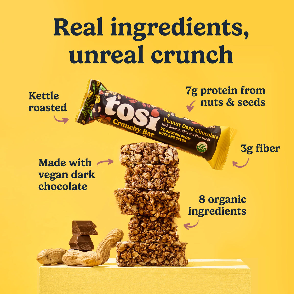Tosi Nut Bars peanut dark chocolate bar closeup—crunchy texture and satisfying bite