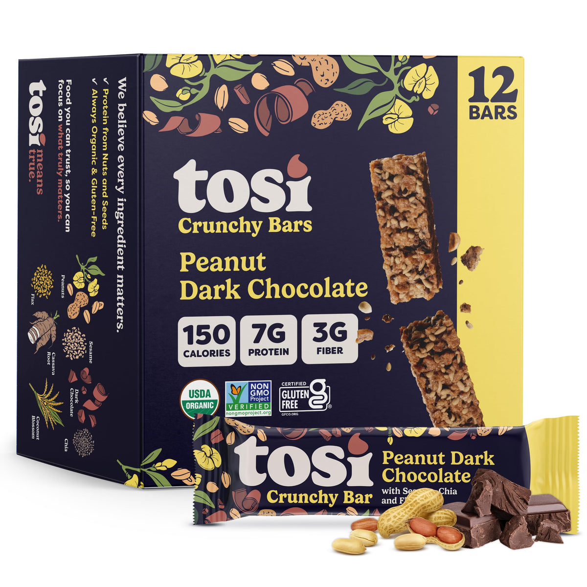 Tosi Nut Bars peanut dark chocolate pack on shelf—on-the-go energy