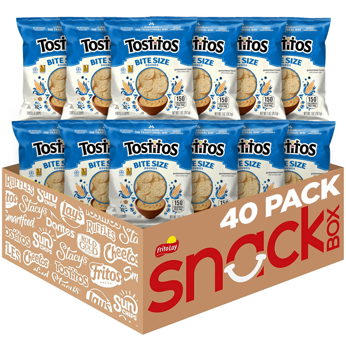 Tostitos Bite Sized Rounds bag front, ideal for quick on-the-go snacking.