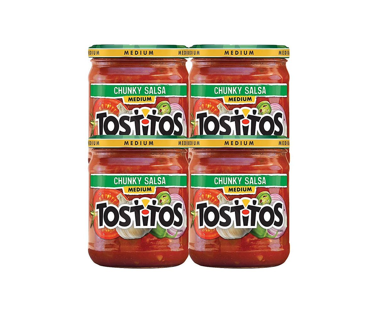 Tostitos Medium Chunky Salsa jar pouring over chips for dipping delight.