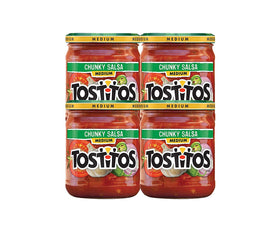 Tostitos Medium Chunky Salsa jar pouring over chips for dipping delight.
