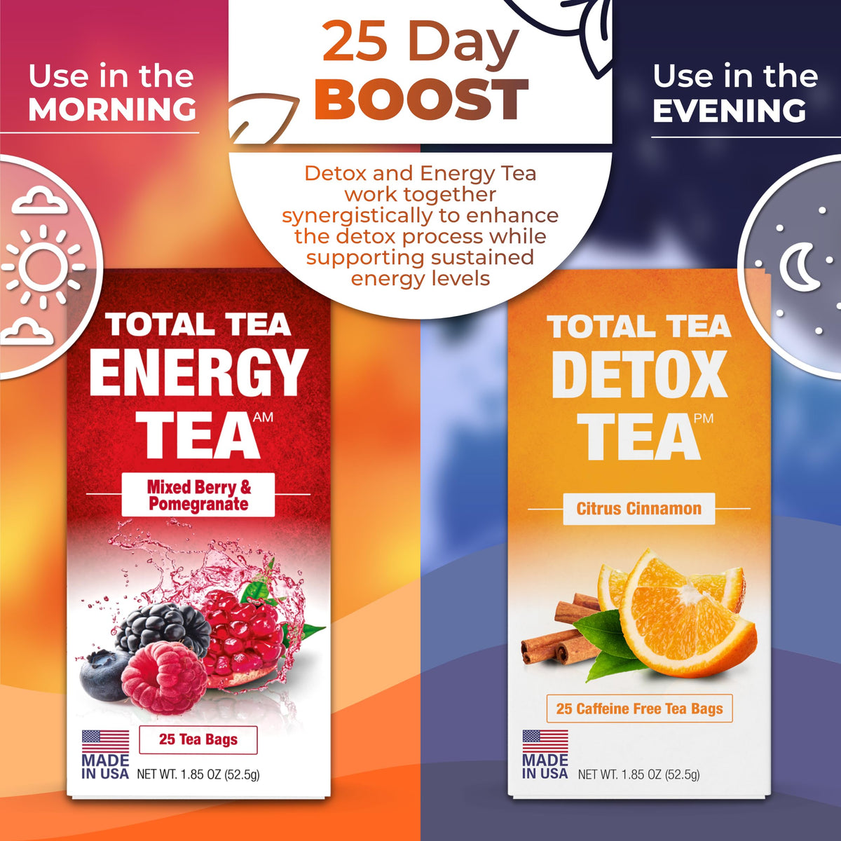 Total Tea Detox Tea & Energy Set tea bags for quick, caffeine-free brews.