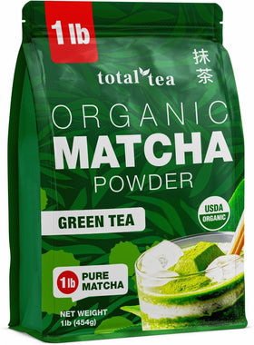 Total Tea Organic Matcha Powder jar close for vibrant green color ideal for lattes