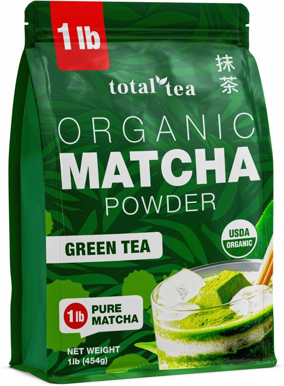Total Tea Organic Matcha Powder jar close for vibrant green color ideal for lattes