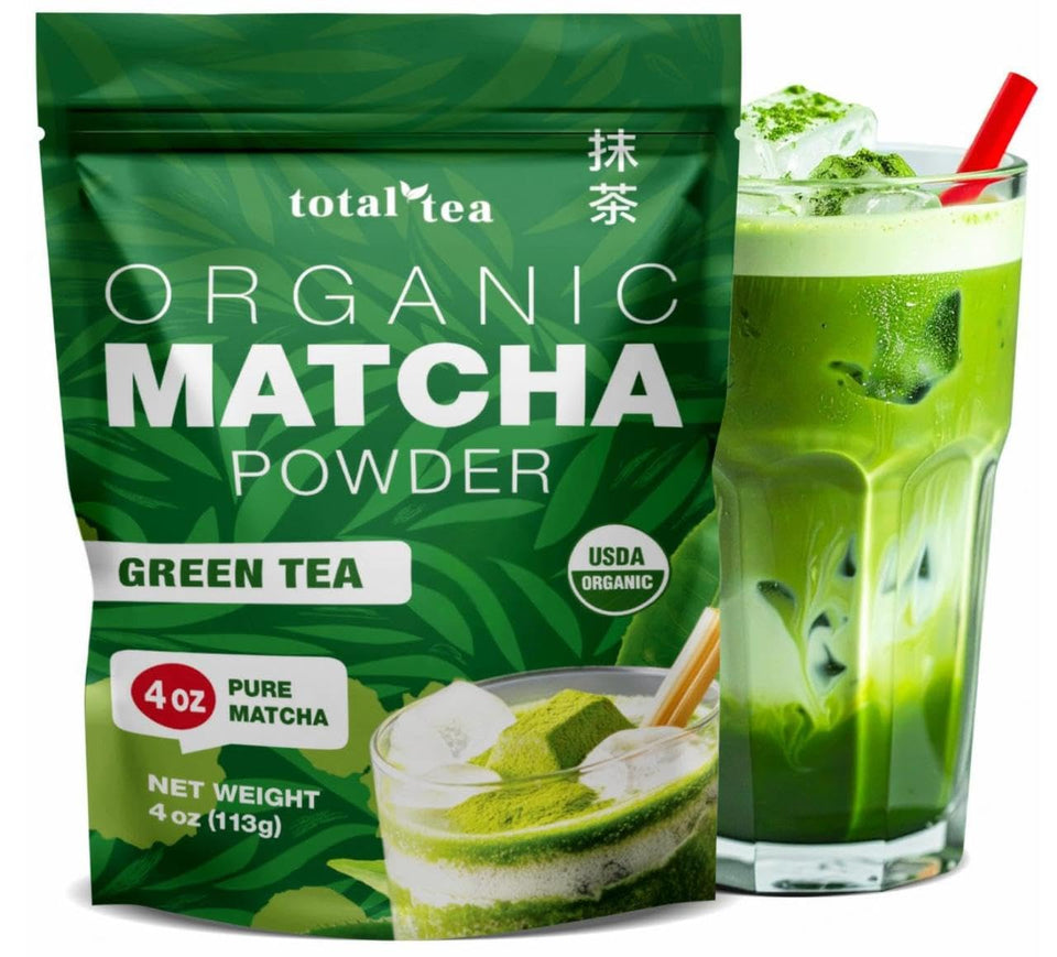 Total Tea Organic Matcha powder in a jar for vibrant latte preparation