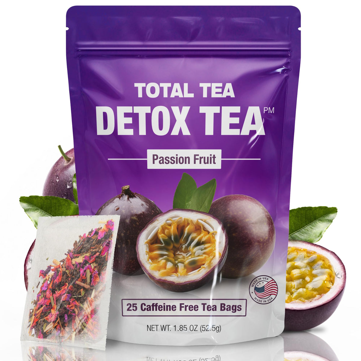 Total Tea SIimming Detox Tea bag close-up highlighting caffeine-free herbal blend for relaxation.
