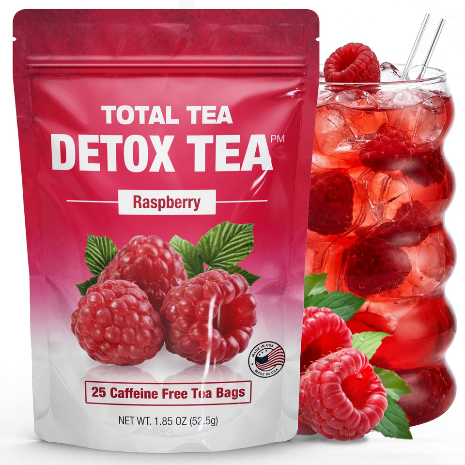 Total Tea Siimming Detox Tea bottle pour shows a caffeine-free soothing herbal ritual