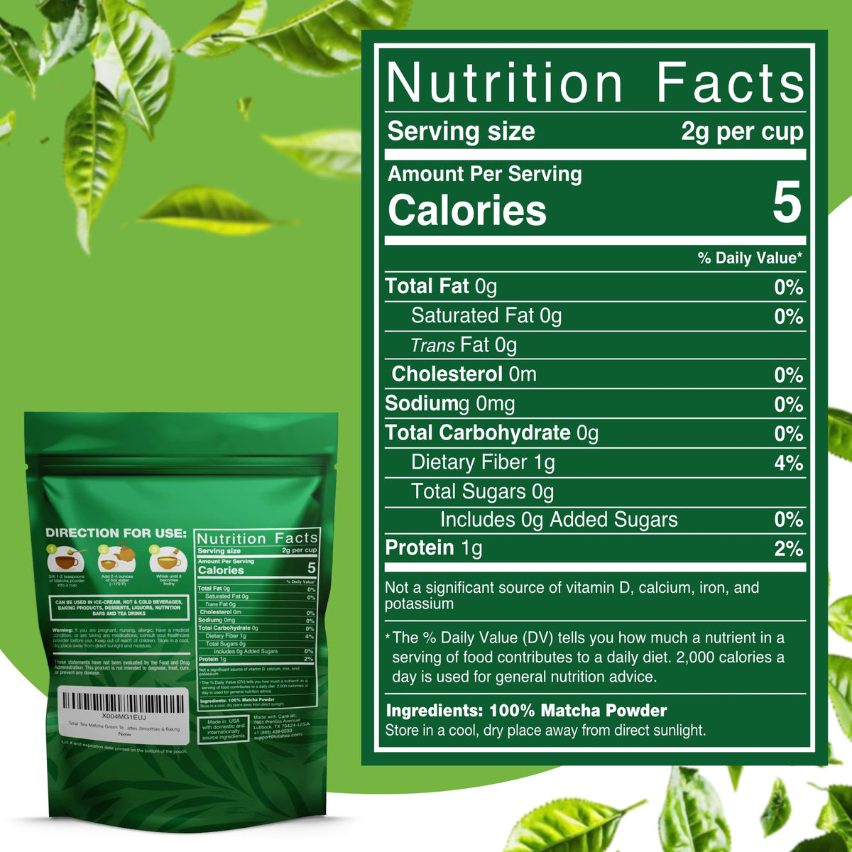Total Tea USDA Organic Matcha powder bag ready for precise portioning and use