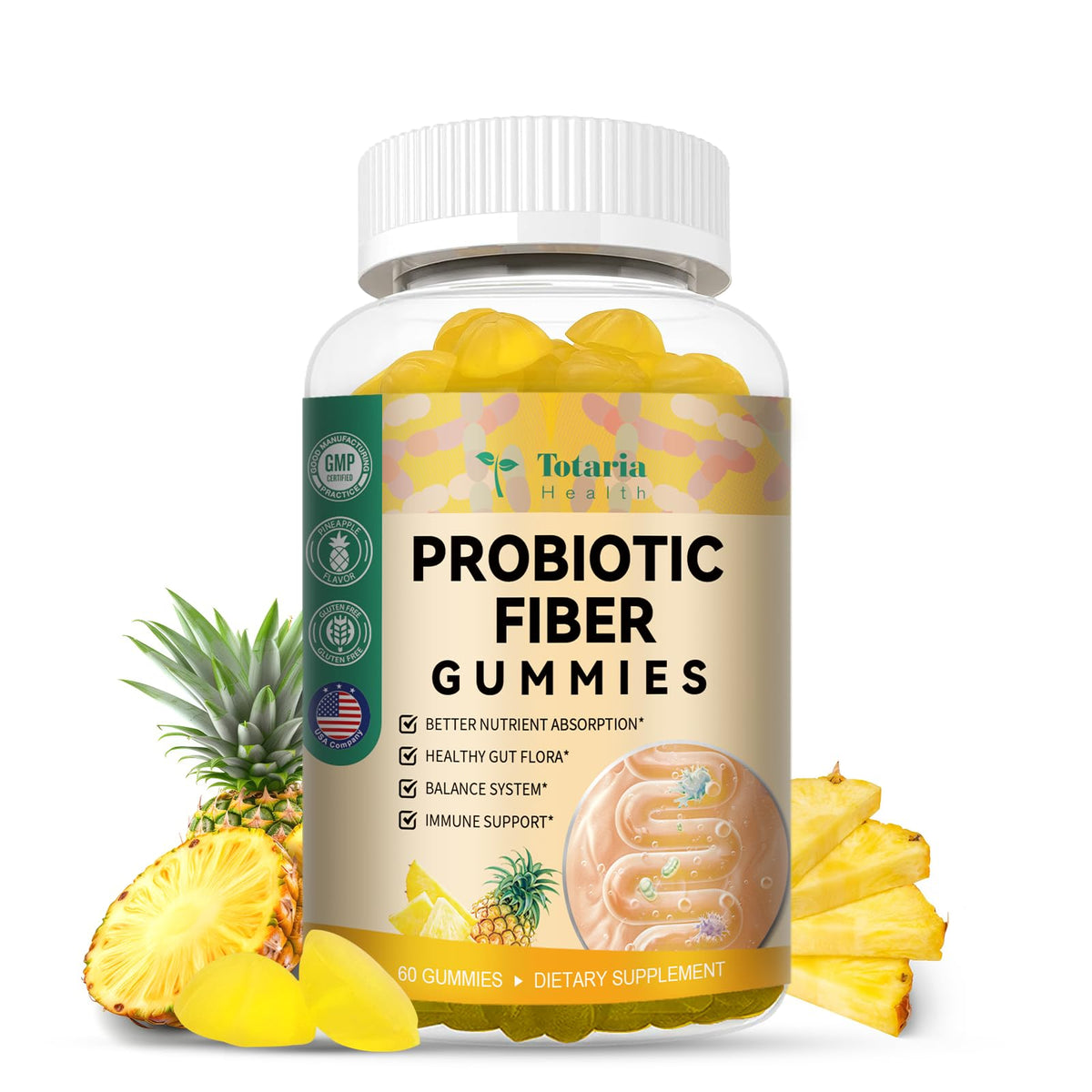 Totaria 9-in-1 Probiotic Fiber Gummies bottle showing pineapple flavor for daily digestion.