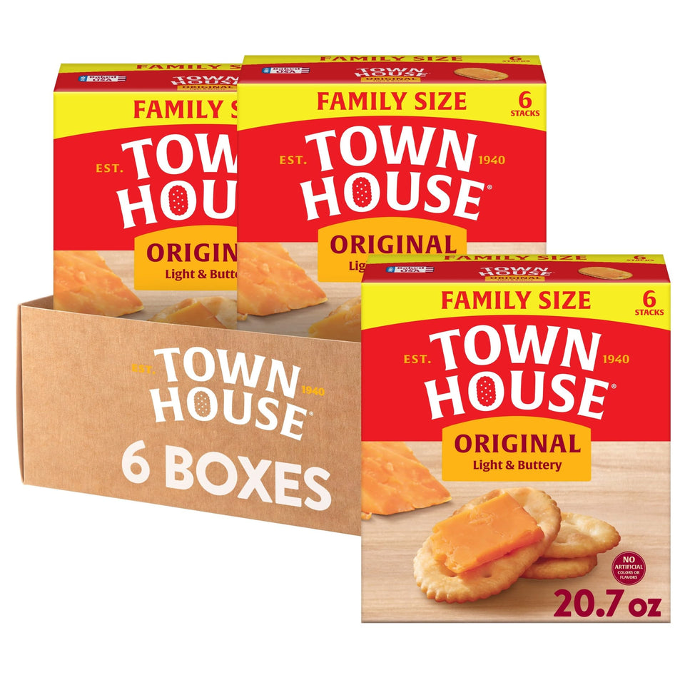 Town House Original crackers flaky texture, ideal for dips and toppings.