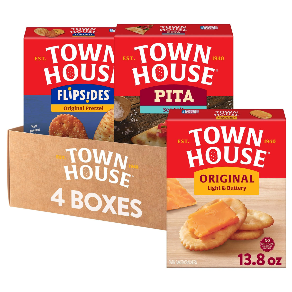 Town House Original Crackers in an oven-baked tray, perfect for dipping.
