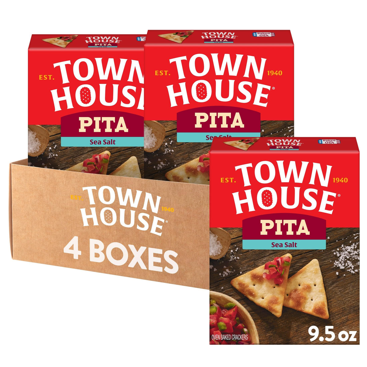 Town House Sea Salt Pita Crackers box front for pantry-ready snacking