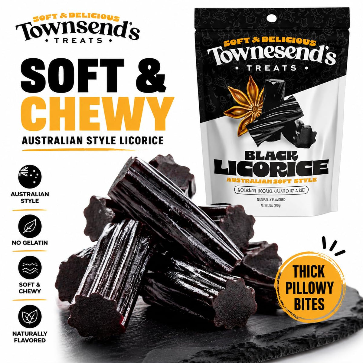 Townesend’s Treats Australian-style licorice, thick and soft for indulgent bites.
