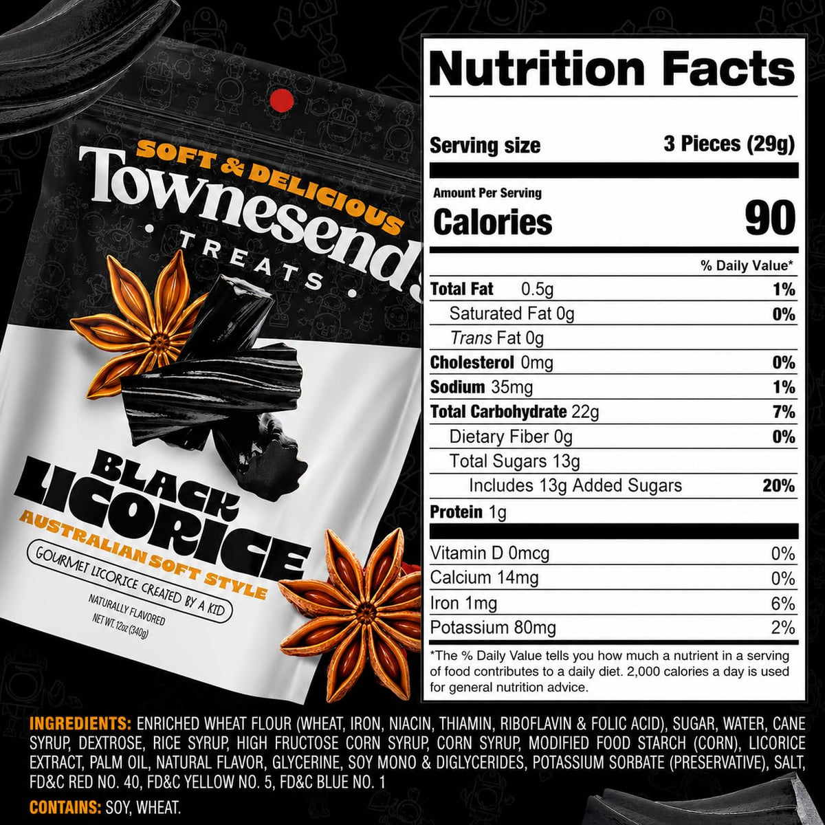 Closeup of pillowy licorice bites with rich flavor from Townesend’s Treats.
