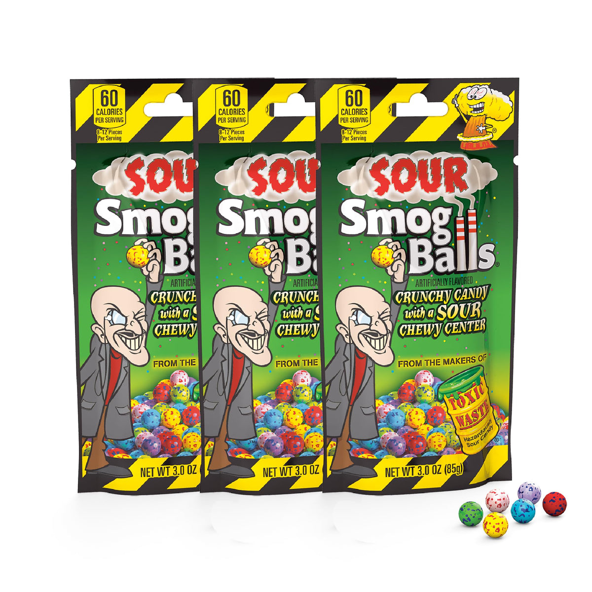 TOXIC WASTE Sour Smog Balls with a crunchy shell for a bold bite.