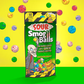 TOXIC WASTE Sour Smog Balls close-up showing lime, cherry, strawberry, lemon, blue raspberry, and grape flavors.