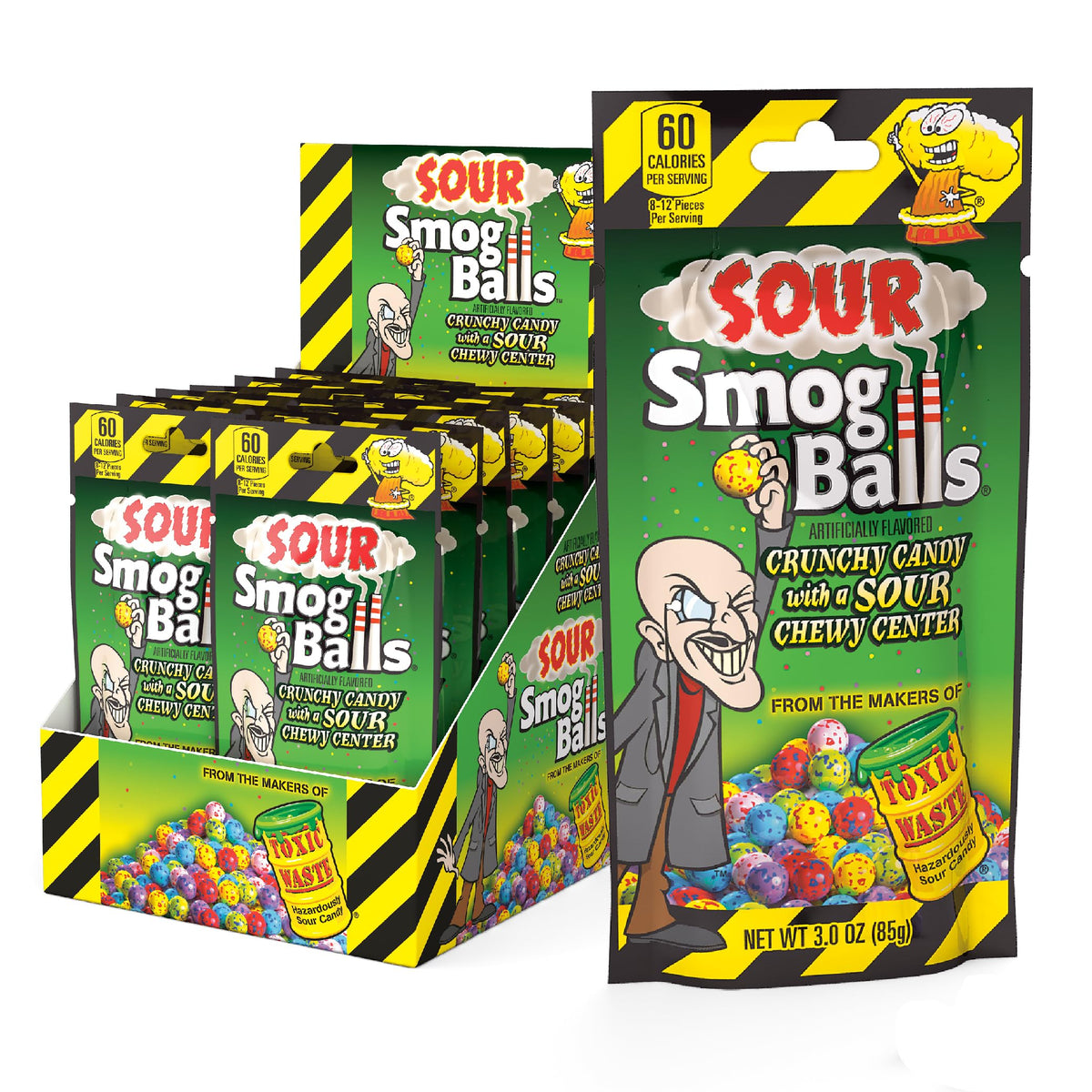 TOXIC WASTE Sour Smog Balls pack with crunchy shells and chewy centers for bold flavor.