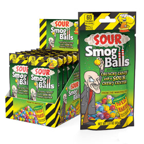 TOXIC WASTE Sour Smog Balls pack with crunchy shells and chewy centers for bold flavor.