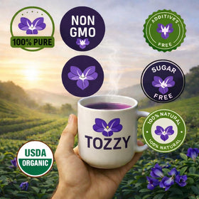 TOZZY butterfly pea tea packaging shows a 100-count box for daily use.