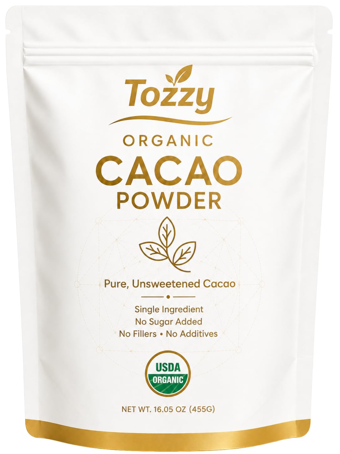 TOZZY cacao powder packaging close-up highlighting purity for baking